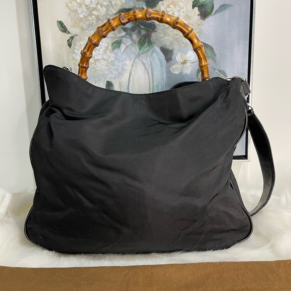 Gucci Handbags - Gucci Vintage Bag Shoulder Crossbody Bamboo Bag Black Nylon Authentic